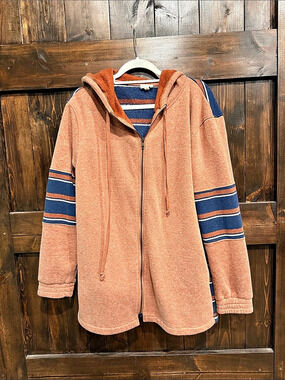 Hem and Thread Striped Zip Up Hoodie in Orange & Blue Size medium